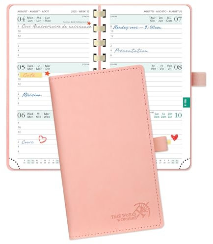 POPRUN Taschenkalender 2025 2026 Klein 16,5 x 9 cm (Aug.2025-Dez.2026) - Kalender 2025 2026 Klein Ringbuch mit Softcover - Terminplaner, Planer 1 Woche 2 Seite mit Kartenschlitz - Rosa