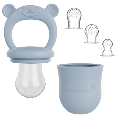 Baby Fruchtsauger & 3 Schnuller - Blauer 100% Silikon Nahrungsschnuller mit Beißring, Fruchtschnuller für Obst, Gemüse & Babynahrung, BPA-frei | Broemba
