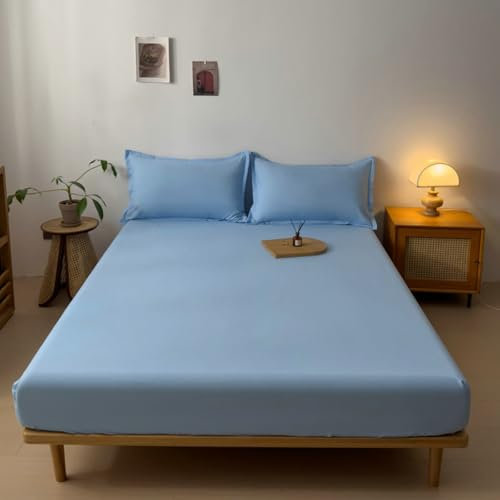 AMDXD 152 x 203 cm - Cache-lit fin, bleu uni (convient pour une hauteur de matelas de 10 à 40 cm) - Pour lit à sommier tapissier et surmatelas en coton
