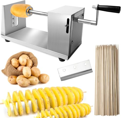 WIYETY Edelstahl Spiral Kartoffelschneider: Gemüse Twister Kartoffelschneider, mit 50 25 cm Langen Bambusstäben Geliefert, Kartoffelspiralenschneider, Multifunktionale Schneidemaschine, für Kartoffeln