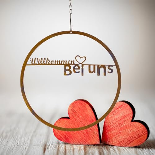 Der-Porzellan-Laden Willkommensschild Hochzeit rund aus Metall, Willkommen bei uns, Edelrost, 30 x 30 cm, wetterfest, ideal für Haustür & Dekoration in Haus und Garten