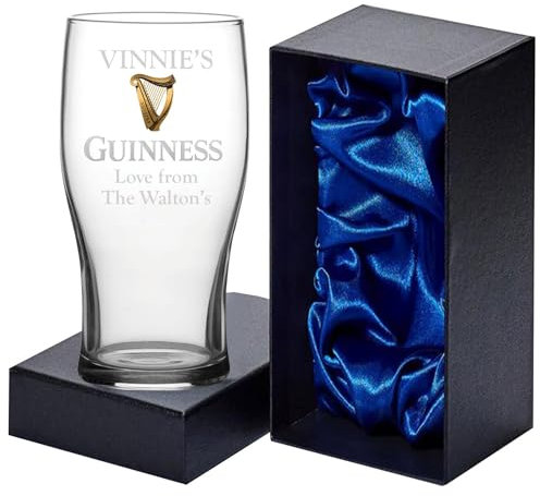 EIO Gifts Personalised Genuine Guinness Irish Stout Pint Glass with Presentation Box– Custom Engraved Beer Glass Gift for Men & Women, Customised Drinking Glassware, 20fluid Ounces / 568millilitres