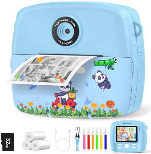 CNAPXAIA Macchina Fotografica Bambini, 2,4 Pollici 1080P Fotocamera Bambini Istantanea con 32 GB Scheda e 3 Carta da Stampa, Giocattoli Regalo per Bambina e Bambino dai 3-12 Anni (Blu)