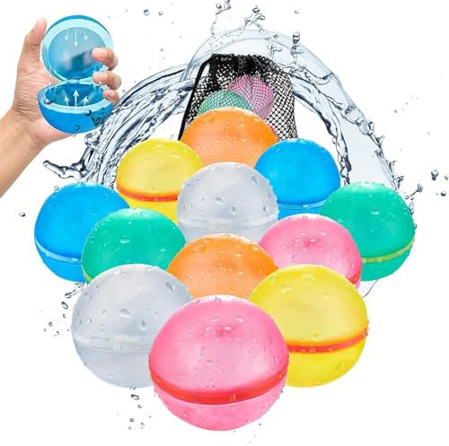 FemKey Wasserbomben Wiederverwendbar, 12 Stück Wiederverwendbare Wasser Bomben Selbstschließend, Set Wasserballons Splash Bälle schnelles Befüllen für Sommerfest, Wasserparty, Strand, Schwimmpool