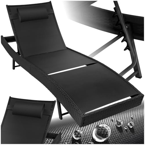 tectake® Sonnenliege, 6-Fach verstellbare Rückenlehne, Gartenliege wetterfest, Poolliege mit Kopfkissen, Outdoor Liege, UV-beständig, Strandliege für Garten, Terrasse und Balkon - schwarz