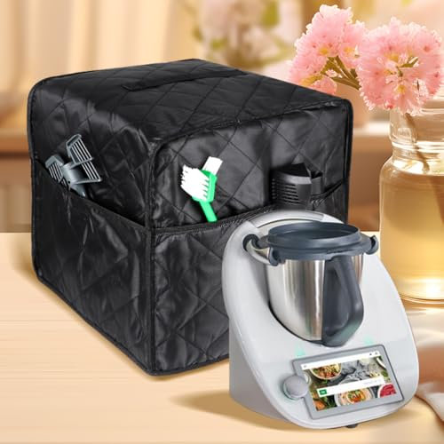 KochSync Staubschutzabdeckung für Thermomix TM5/TM6 – Schwarze Abdeckhaube mit 4 Taschen, Wasserdicht & Antibakteriell (Polyester + Baumwolle) - Thermomix tm Hülle