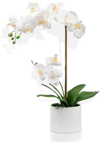 Crystals Artificial Orchid Flower in Pot – Realistic Faux Orchid Plant Decoration for Home, Office, or Event – Elegant White Floral Display – No Maintenance Required (Design 6)