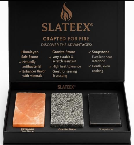 Slateex 3er Grillstein-Set aus Naturstein – Salzstein, Granit & Speckstein – inkl. Geschenkbox – Grillplatte zum Braten, Servieren & Kühlen – naturbelassen & nachhaltig