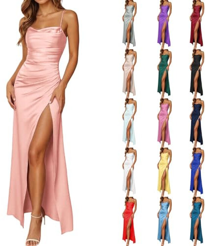 Générique Robe De Soiree Femme en Satin élégante Sexy Dos Nu Fendue Spaghetti Sangle Couleur Unie Swing pour Bal Mariage Cocktail Robe de Soirée Longue Mariage Party Dress,Light Rose,S
