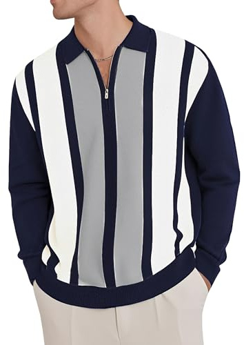 CTU Mens Polo Shirts Quarter Zip Jumper Knitted Sweater Long Sleeve Vintage Striped Warm Pullover Tops Navy XL