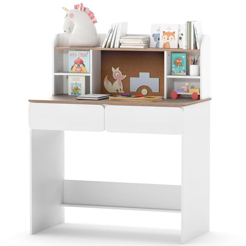 DREAMADE Bureau Enfants, Table d’Étude Tout-Petit avec 2 Étagères, Tablettes Réglables, Plateau en Liège, 2 Tiroirs, Table Enfant avec Station de Charge, pour Garçons et Fille de 8 à 12 Ans