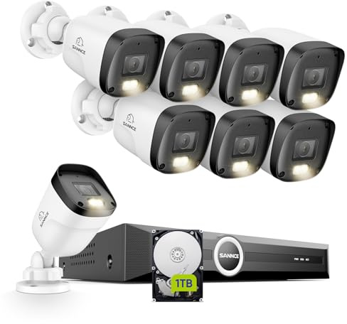 SANNCE 2K PoE Überwachungskamera Aussen Set 1TB HDD-Farbige Nachtsicht 20m | 6MP 8CH NVR 8×3MP Wasserdicht IP Bullet Kamera Outdoor/Indoor, Personen-/Fahrzeugerkennung, Audio, APP Alarm, IP67 Wetterfest