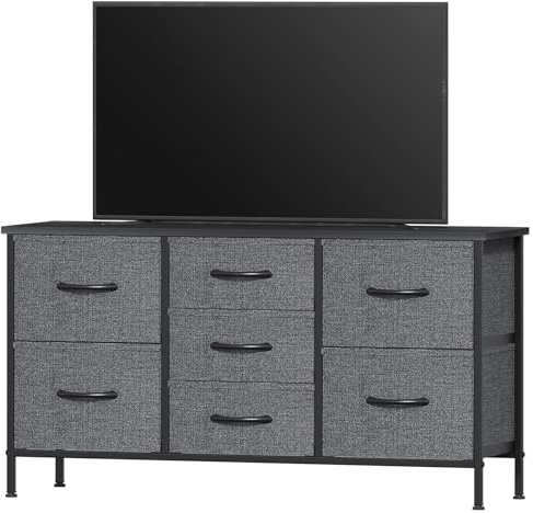 Feonase Bedroom Chest of Drawers, Small Dresser with 7 Fabric Drawers, Metal Frame & MDF Wood Top, Adjustable Feet, Storage Organizer Unit for Bedroom, Closet, Living Room, Hallway, Deep Grey
