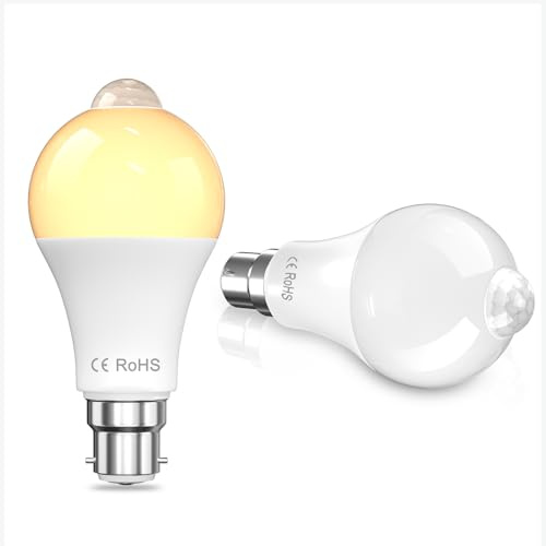 Klarlight B22 PIR Motion Sensor Light Bulb, 10W Warm White 3000K PIR Motion Sensor Bulb, A60 B22 BC Bayonet Cap Auto On/Off Smart Bulbs for Garage, Hallway, Patio, Balcony (2-Pack)