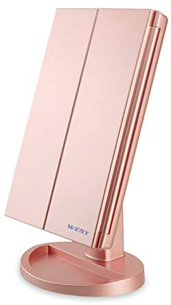 WEILY Makeup Mirror, 1x/2X/3X Trifold Makeup Mirror with 21 LED Lights and Adjustable Touch Screen Mirrors Cosmetic Countertop Mirrors (Rose Gold)