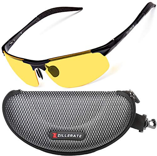 Night Driving Glasses for Men & Women by ZILLERATE, Polarised Lenses Filter Dazzling Glare from Headlights, Yellow Tinted HD Vision Lens, Light Metal Frame