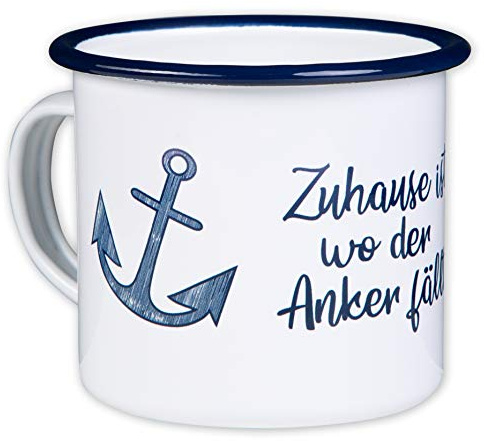 MUGSY Emaille Tasse, Zuhause ist wo der Anker fällt, 330ml, blau, Segler Tasse, bruchfest & leicht