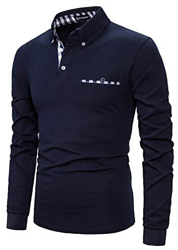 YCUEUST Men's Polo Shirt Long Sleeve Casual Plaid Collar T-Shirts Blue X-Large