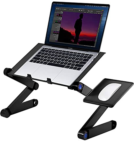 Ejoyous Table de Lit Pliable en Aluminium, Pliable & 360° Portable Table d'Ordinateur avec Double Ventilateur et Panneau de Souris, Support d'Ordinateur pour PC Livre Lit Canapé, Noir