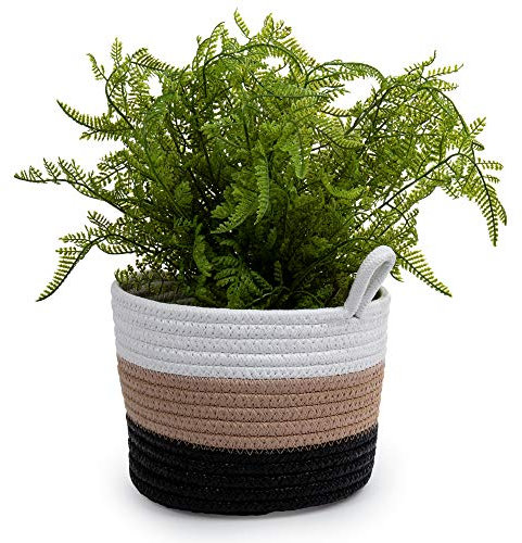 Truu Design Neutral CTG gewebte Baumwolle dekorativer runder Pflanzkorb, 20 x 15 cm