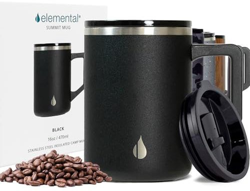 Elemental Summit Coffee Mug - Coffee Cup Travel Mug - Thermal Cup with Handle & Lid - Lightweight Vacuum Insulated Coffee Cup - Hot & Cold Triple Wall Stainless Steel Travel Mugs - Black - 470 ml