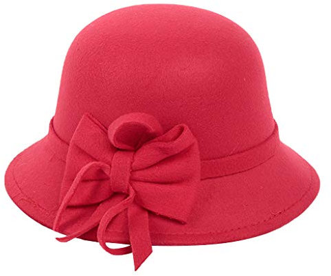 Damen 1920er Jahre Glockenhut mit Schleife Kunstfilz Vintage Kirchenhut Elegant Schlapphut Crushable Bowler Hut Klassische Party Hüte, Rot, EinheitsgröÃŸe