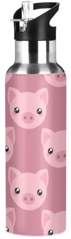 ZZKKO Water Bottle with Straw Stainless Steel Iron Flask Capsule Water Bottle Daily Water Intake Bottle Cartoon Cute Pig Thermos Kids Cups No Spill 20oz/600ml