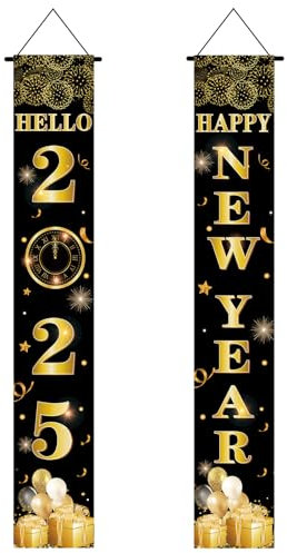 Neujahr Party Dekorationen,Silvester Deko 2025,Happy New Year 2025 Schwarzes Gold Banner,Neujahr Veranda Zeichen Hängen Banner für New Year Decoration,Silvesterpartydeko