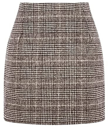 Onsoyours Damen Kariert Röcke Elegant Büro Rock Bleistift Figurbetont Minirock mit Plaid A Linie Hohe Taille Herbst Winter Vintage Retro Bodycon Rock Leichter Kaffee M