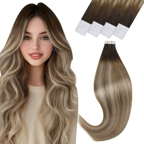 Vivien Ombre Invisible Tape Extensions Echthaar 60cm Balayage Tape in Hair Extensions Echthaar Menschliches Haar Braun bis Blond #3/8/22 50g 20Pcs