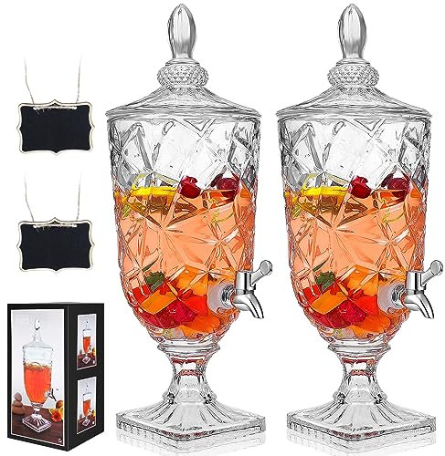 Zhehao 2 Pcs Drink Dispensers for Parties 0.8 Gallon Glass Beverage Dispenser Clear Vintage Crystal Beverage Dispenser with Spigot and 2 Wooden Chalkboard Wide Mouth Beverage Server for Bar Home