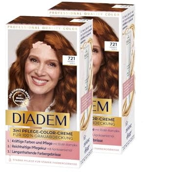 Schwarzkopf DIADEM 3in1 Pflege-Color-Creme 721 Herbst Gold, 2er Pack (2x 170ml), permanente Haarfarbe, Haarpflege-Formel für gesund aussehende Ergebnisse, 100% Grauabdeckung
