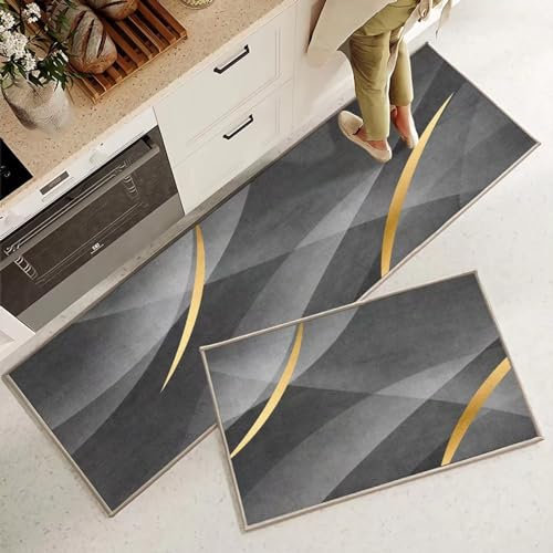 2Pcs Anti-Ermüdungs-Küchenmatten-Set,Abstrakte Gekrümmte Linien Schöne Kunst,Komfort-Küchenbodenmatte Läuferteppiche Waschbare Stehmatten Für Büro Zu Hause Drinnen Im Freien,Bild,60X90+6