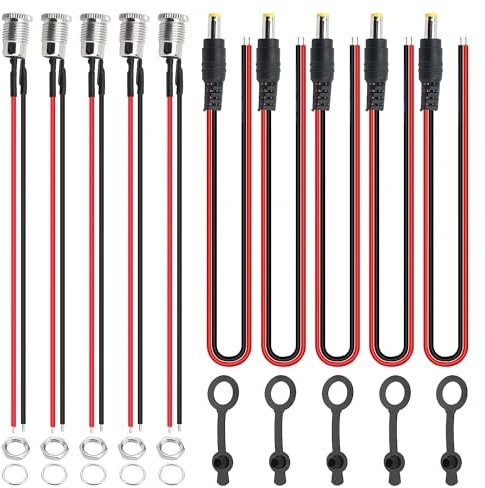 YIXISI 5.5 x 2.1mm DC Power Connector Kit, 5 PCS DC-099 Jack Socket Threaded Female Adapter with Cable, 5 PCS DC Power Male Pigtail Wire, with Waterproof Cap