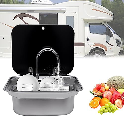 Lavabo de camping avec robinet et couvercle - En acier inoxydable - Pour caravanes et camping-cars