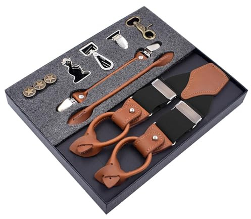 MIBSH Hosenträger Suspender Herren Vintage Leder Hosenträger Clip Button Haken Hosenträger Verstellbare Elastische Hosenträger