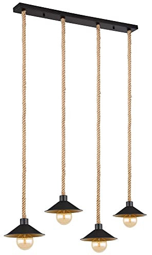 Globo Hängeleuchte Pendellampe Hanfseil Seillampe Pendelleuchte gold schwarz Landhausstil Esszimmer Höhenverstellbar, Metall, 4x E27 Fassung, LxBxH 112,5x22x170 cm