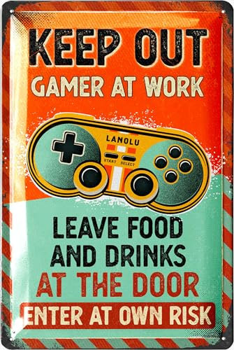 LANOLU Letrero de metal decorativo vintage con texto Gamer At Work, 20,3 x 30,5 cm