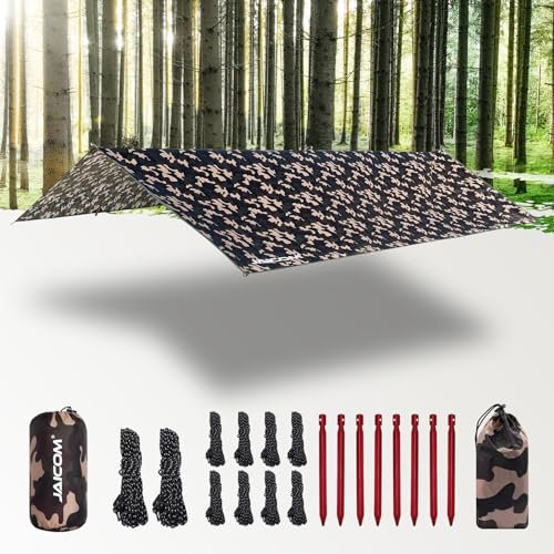 JAICOM Tarp Wasserdicht - 3x5M Camping Zeltplane, Ultraleicht und Tragbar, UV-Schutz & Schnee & Regen, Mit Ösen, Nylonseile, Aluminiumstifte, für Hängematten, Outdoor-Aktivitäten, Terrassen