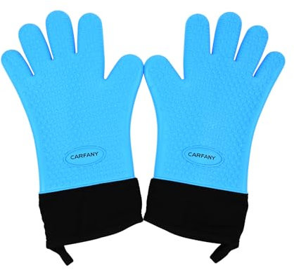 Carfany Guantes resistentes al calor para barbacoa de silicona y algodón, guantes de horno de doble capa, guantes de cocina antideslizantes impermeables (azul)