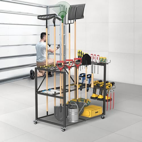 Keeswin Garden Tool Organizer with Wheels, Garage Tool Organizer, Up to 50 Long-Handled Tools, 4 Drills Holder with 10 Hooks, 10 for Screwdrivers, 3 Tier Garage Tool Storage (31.5''D x 25 W x 16 H)