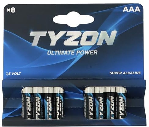 TYZON® Batterie Alcaline AAA 1.5V Confezione da 8 | Lunga Durata, Alta Densità Energetica, Ideali per Basso Consumo Continuo