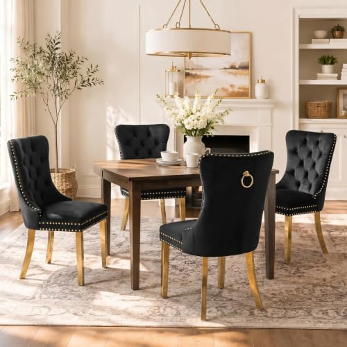 SoarTalent Lot de 4 chaises de Salle à Manger rembourrées en Velours de Style Moderne avec Bordure cloutée et Pied plaqué Or, Anneau de Traction en métal pour Salle à Manger, Salon (Noir)