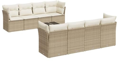 vidaXL Garten Sofa Garnitur 9-TLG., Gartenmöbel Set mit Kissen Stauraum, Sitzgruppe für Garten Terrasse, Modular Gartensofa Lounge, Tisch mit Glasplatte, Beige Poly Rattan
