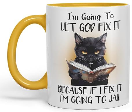 I'm Going to LET GOD FIX IT, Cats Sarcastic Joke Ceramic Coloured Mug Cup for Tea Coffee Hot Brew 330ml 11Oz (G Yellow)