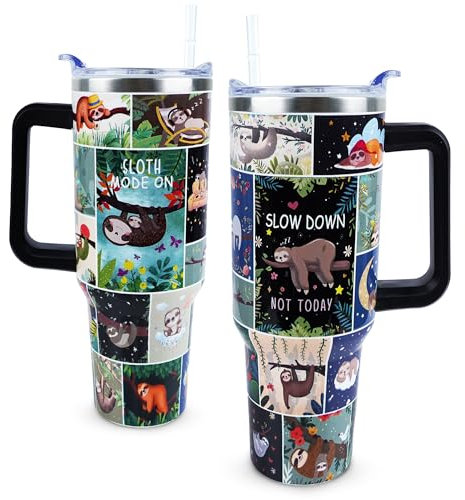 PERRIFIC Tazza con bradipo da 880 ml, con manico e coperchio con cannuccia, a prova di perdite, tazza da viaggio con bradipo con manico isolato, per bevande calde e fredde, regalo di compleanno per