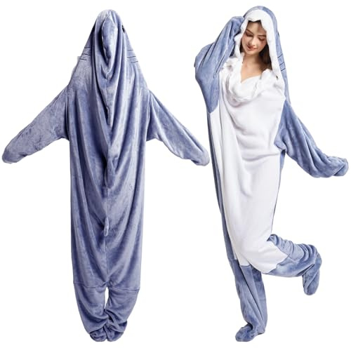JESOHO Hai-Decke, Kapuzenpullover, Einteiler, für Erwachsene, tragbare Hai-Decke, Schlafsack, weich, gemütlich, Cosplay-Kostüm, Geschenk für Familie und Freunde (Größe S, M, L), blau, XL=for:5'5~