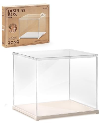 Rolife Clear Acrylic Display Case for Hobby Collectibles, Easy Assemble Dust Cover Showcase Clear Storage Bins, Stackable Storage Plastic Box with Wooden Base