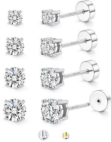 JeweBella 4 Pairs 925 Sterling Silver Stud Earrings for Women Men Hypoallergenic Flat Back Earrings Sterling Silver Small Ball Dot Cubic Zirconia Earrings Studs White Gold/14K Gold Plated Earrings Set