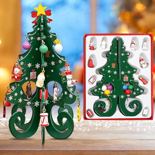 Mini Wooden Tabletop Christmas Tree Christmas Toy Set with 24 Mini Christmas Ornaments and 1 Star Treetop for DIY Mini Christmas Tree Creative Desk Xmas Tree Desktop Festival Miniature Tree